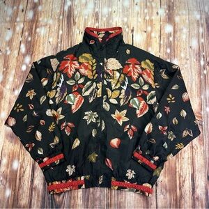 VTG silk bomber jacket leaf print Neutrals Black Full Zip/ Shoulder Pads Small